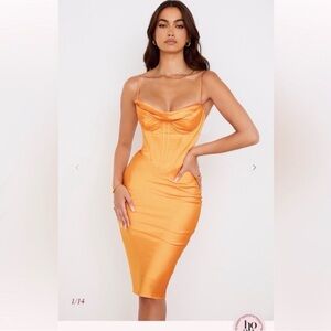 House of CB Orange Satin Corset Midi Dress